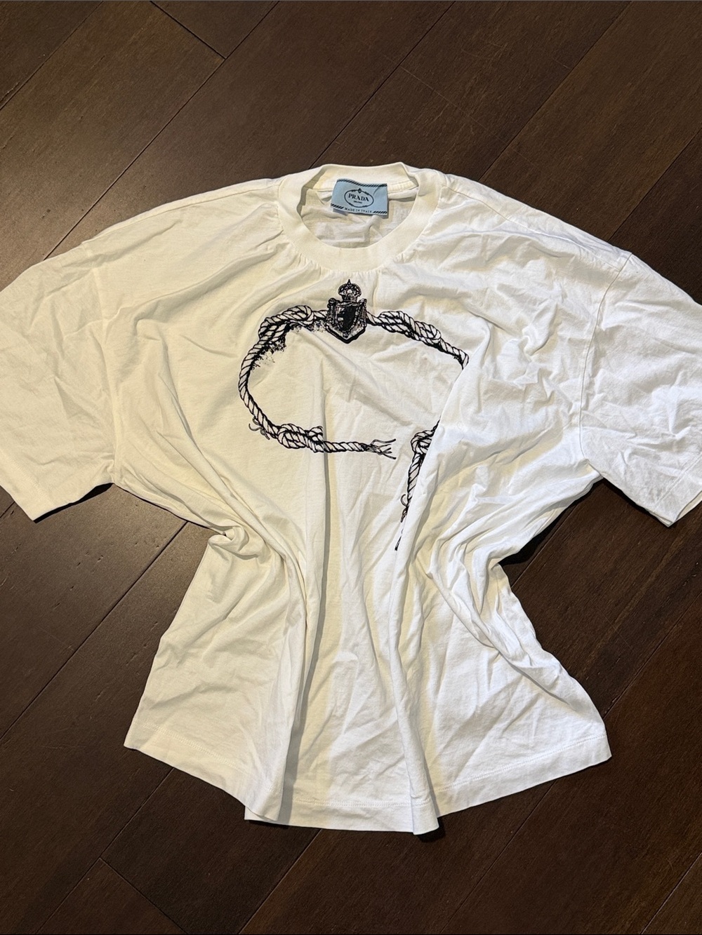 Prada White Short Sleeve Top with Black Rope Graphic